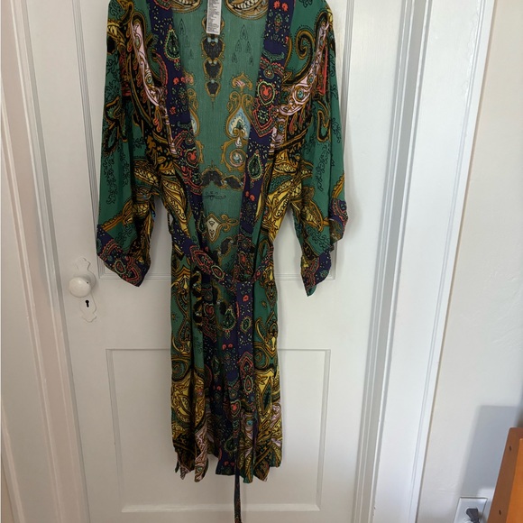 Free People Charmer Paisley Printed Kimono Drapy w Belt Green Black Gold OS NWT - Picture 6 of 8